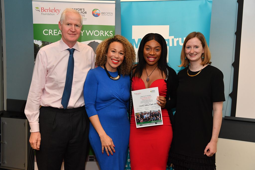 Ria and Janay with CEO of Mayor's Fund For London, Matthew Patton and Head of the Berkeley Foundation, Sally Dickinson at the Creativity Works Graduation Ceremony