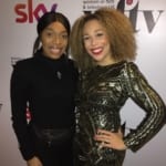 Janay and Ria at an event together with a white background with a sky logo
