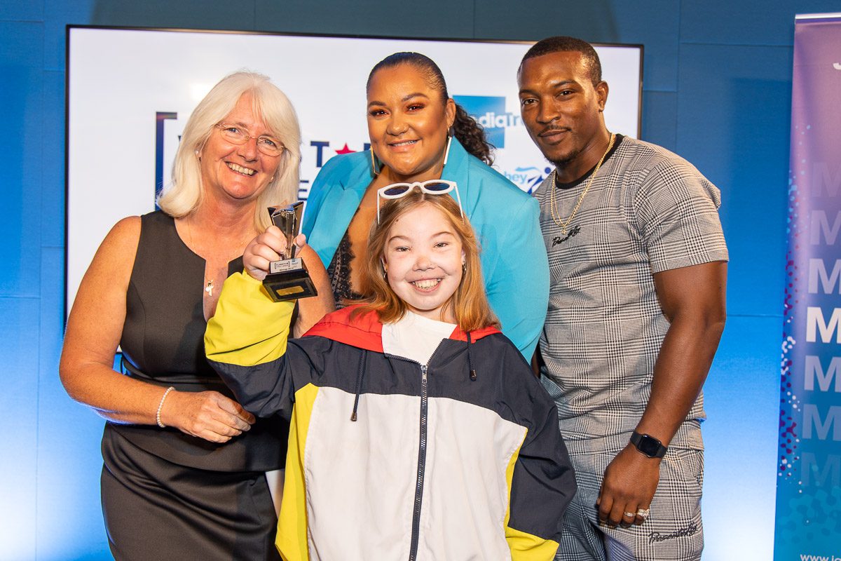 Bella with Jack Petchey Foundation CEO, Trudy Kilcullen and judges Ashley Walters and Grace Victory