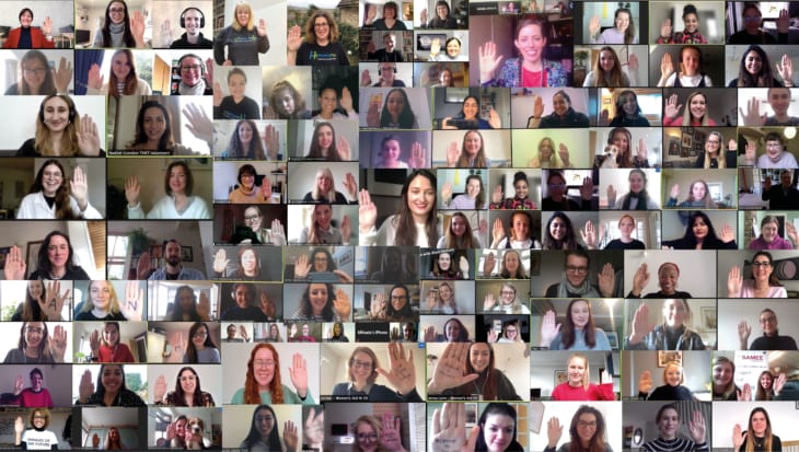 Collage of individuals holding their hand up in honour of choose to challenge campaign