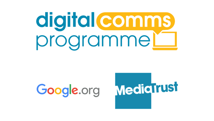 Digital Comms Programme logo, Google.org logo, MediaTrust logo