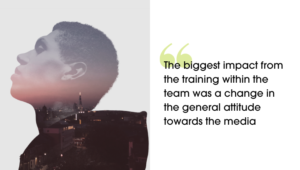 An image from Safer London that shows a young person with the London skyline in their silhouette. Next to them is a quote that says "The biggest impact from the training within the team was a change in the general attitude towards the media.'