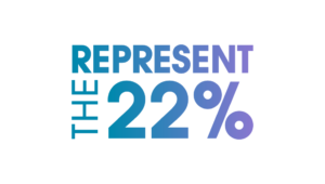 a white box with the words 'Represent the 22%' written in bold blue and purple text