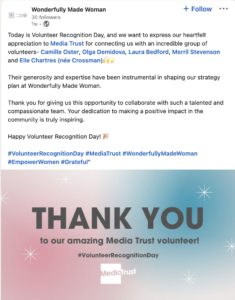 Wonderfully Made Woman Follow Today is Volunteer Recognition Day, and we want to express our heartfelt appreciation to Media Trust for connecting us with an incredible group of volunteers- Camille Oster, Olga Demidova, Laura Bedford, Merril Stevenson and Elle Chartres (née Crossman)🙌🌟 Their generosity and expertise have been instrumental in shaping our strategy plan at Wonderfully Made Woman. Thank you for giving us this opportunity to collaborate with such a talented and compassionate team. Your dedication to making a positive impact in the community is truly inspiring. Happy Volunteer Recognition Day! 🎉 #VolunteerRecognitionDay #MediaTrust #WonderfullyMadeWoman #EmpowerWomen #Grateful"