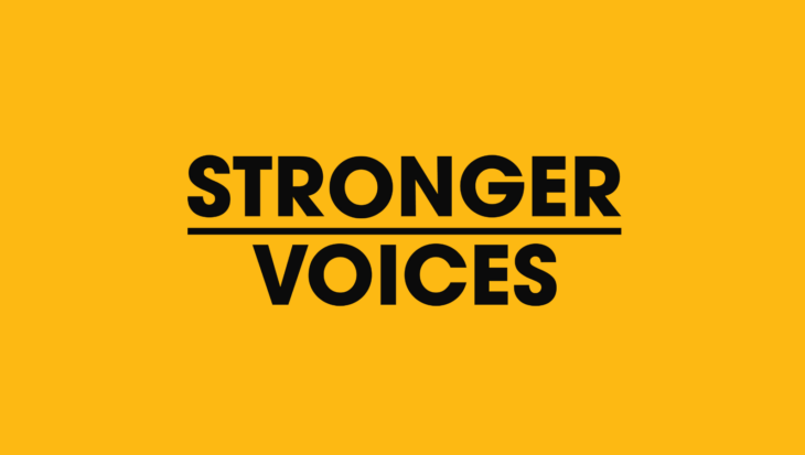 The programme title Stronger Voices sits in black text on an orange background.