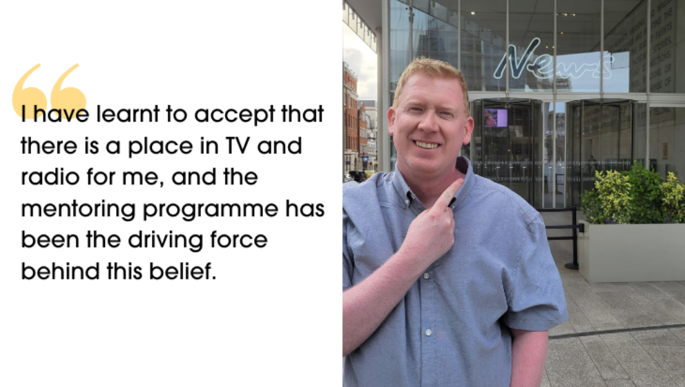 Gavin outside the News UK offices, pointing to the sign. "I have learnt to accept that there is a place in TV and radio for me, and the mentoring programme has been the driving force behind this belief."