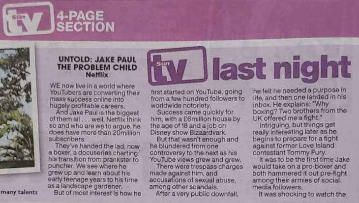 A clip of Gavin's writing, reviewing 'Untold: Jake Paul The Problem Child' in The Sun.