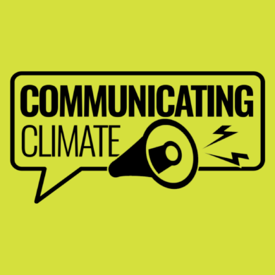 Communicating Climate logo, showing a speech bubble with 'Communicating Climate' inside. It is overlayed with a megaphone letting out lightning bolts. Below the speech bubble it says 'Sponsored by' and is followed with the MG OMD logo.