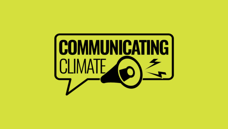 Communicating Climate logo, showing a speech bubble with 'Communicating Climate' inside. It is overlayed with a megaphone letting out lightning bolts. Below the speech bubble it says 'Sponsored by' and is followed with the MG OMD logo.