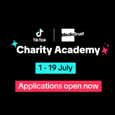 Media Trust logo, next to the TikTok logo, with Charity Academy written underneath. 1-19 July Applications open now Blue and pink stars
