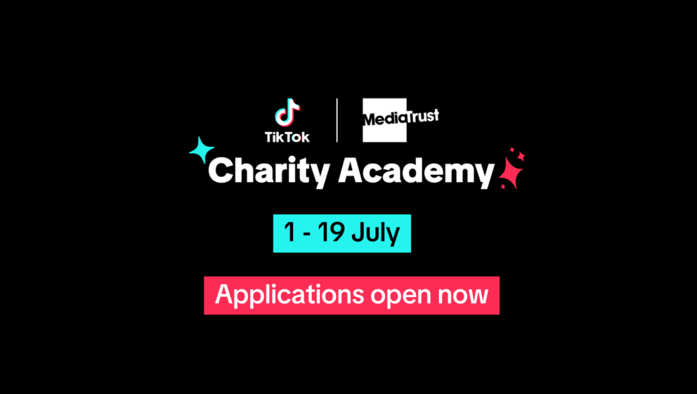 Media Trust logo, next to the TikTok logo, with Charity Academy written underneath. 1-19 July Applications open now Blue and pink stars