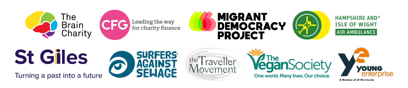 Logos for The Brain Charity, CFG, Migrant Democracy Project, HIOWAA, St Giles, Surfers Against Sewage, The Traveller Moment, The Vegan Society and Young Enterprise.