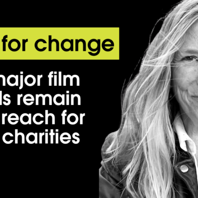 An image of Celia, a white woman with long blonde hair wearing a white shirt and black jacket sits in black and white on a black background. To the left of her image reads the title 'time for change' in black text on a green text box background. Underneath the subtitle reads 'Why major film awards remain out of reach for many charities' in white text on a black background.