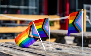 Three pride flags stand on a picnic bench showcasing the colours of the progress pride flag, including pink and blue to represent the trans community and black to represent the black LGBTQ+ community.