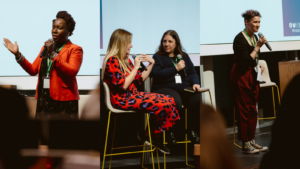 Three images from Women's Voices 2025 (L-R) Magdalene talking on stage, as she holds a microphone Catherine and a volunteer, sat on stage, talking Keli holding a microphone, talking on stage