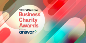 Text on the left reads 'Third sector business charity awards in partnership with ansvar' on a multicoloured background.