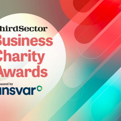 Text on the left reads 'Third sector business charity awards in partnership with ansvar' on a multicoloured background.