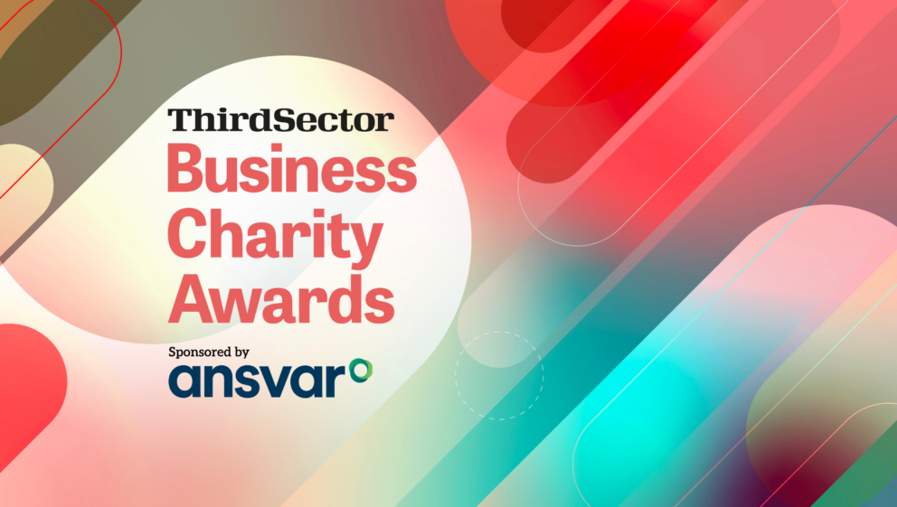 Text on the left reads 'Third sector business charity awards in partnership with ansvar' on a multicoloured background.