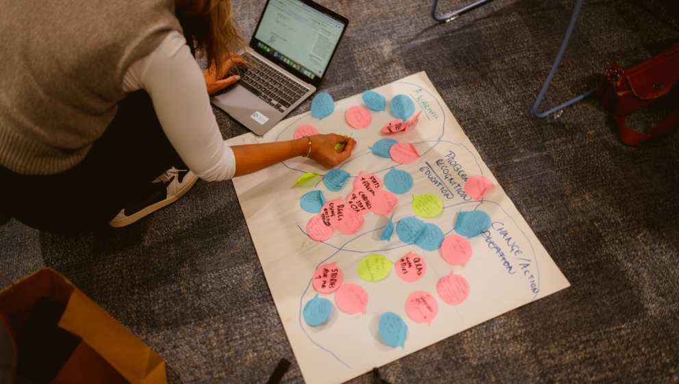 A woman with a white long sleep top and beige vest kneels on the floor with her laptop, place multi coloured post it notes on flipchart paper.