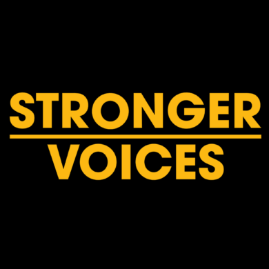 The programme title Stronger Voices sits in orange text on an black background.