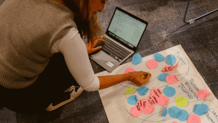 A person, crouching on the floor, using the laptop and making notes on sticky paper