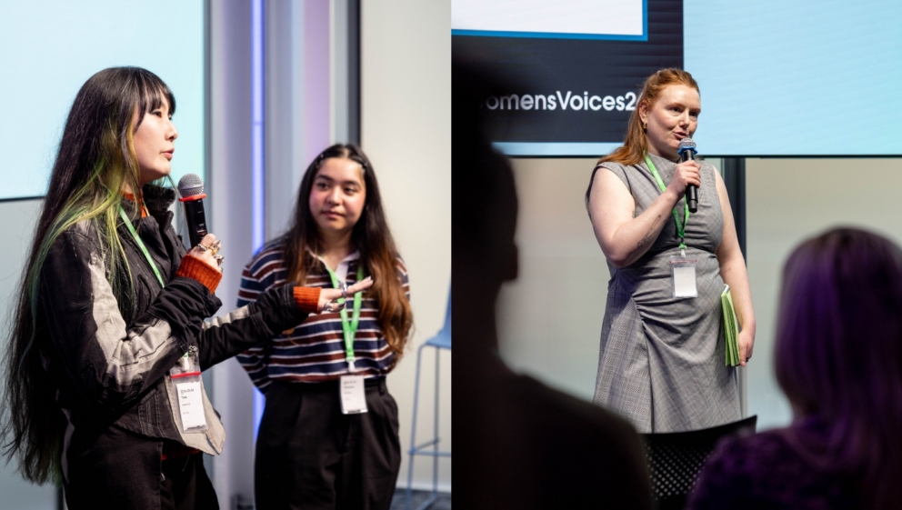 Two images (L-R): - Tara and her volunteer, stood on stage, holding a mic - Byrony stood on stage, holding a mic