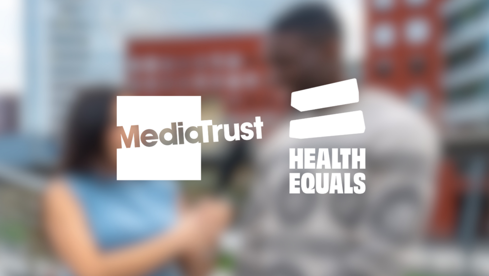 Media Trust and Health Equals logos, on a blurred image of a person being interviewed