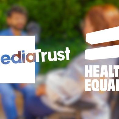 Media Trust and Health Equals logos, on a blurred image of a person, using a wheelchair, being filmed and interviewed by another person.